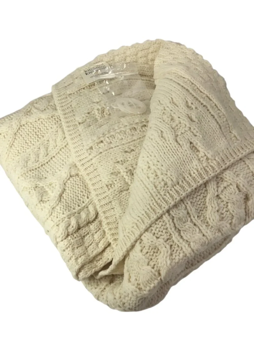 Kilronan Merino Wool Throw NIP Diamond Cable Knit Aran Ireland Natural 42 x 68